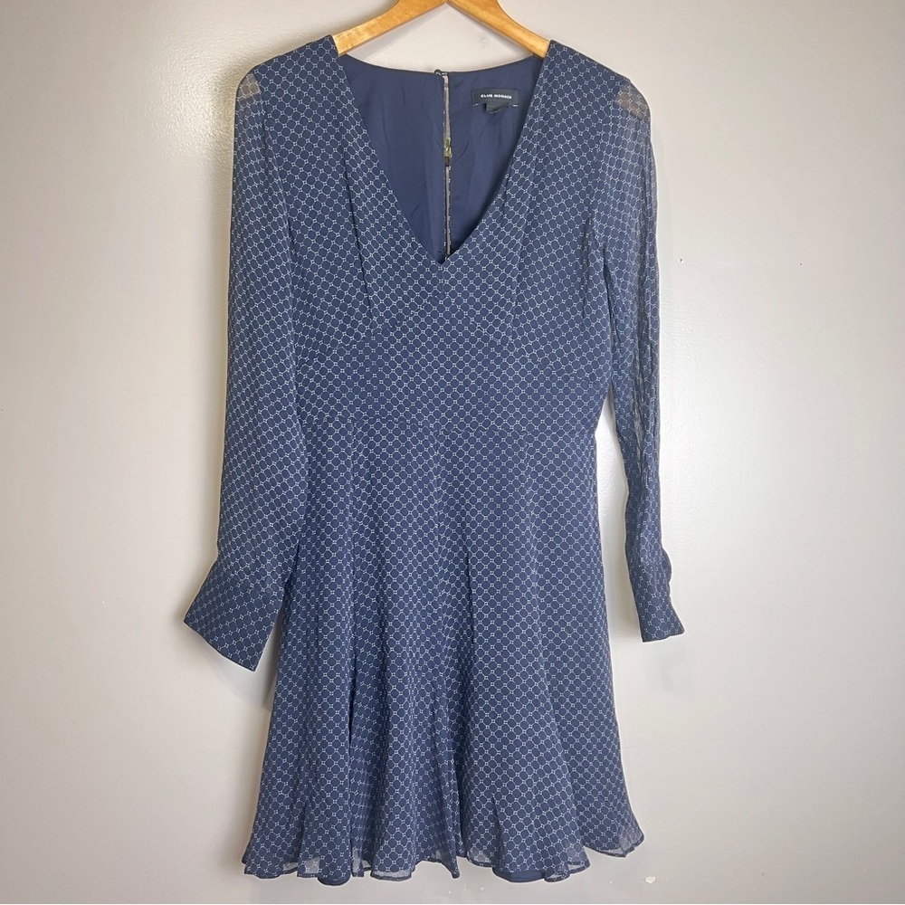 Club Monaco by Ralph Lauren Silk Navy Geometric Long Sleeve Dress Size 6 EUC